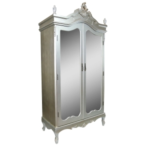 beautiful french armoire, with mirroed front doors painted silver and lightly distressed for that popular Shabby Chic Finish